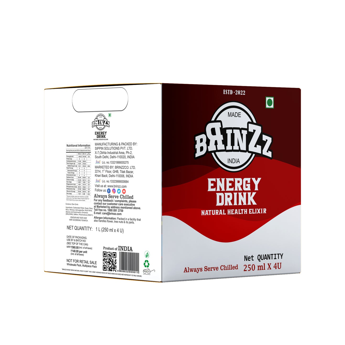 Brinzz Energy Drink Natural Health Elixir 1 Liter (Pack of 4)